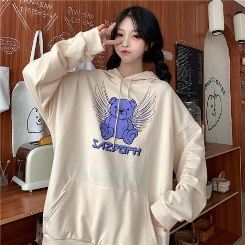New Hip Hop Funny Bear Graphic Hoodie Sweatshirt Women 2021 Autumn Korean Fashion Streetwear Long Sleeve Tops Clothes for Teens