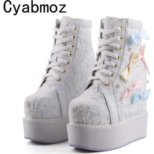Sweet Bowtie Lolita Princess Shoes High Top Lace Sneakers Invisible Increase 14CM Femme High Platform Casual Shoes Women
