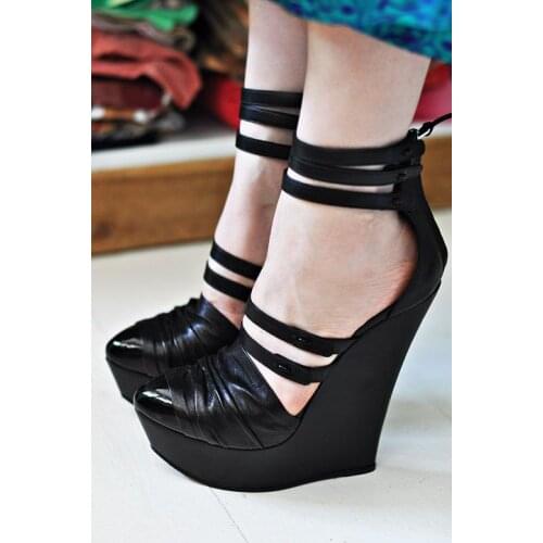 Customize Womens Pointy Toe High Wedge Heels Platform Ankle Straps Sandals Plus Size Shoes Black zZ3
