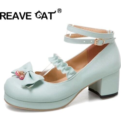 REAVE CAT New 2021 Ladies Pumps Round Toe 5cm Block Heels Buckle Lace Bowtie Sweet Cute Lolita Cosplay Big Size 43 Party A3543