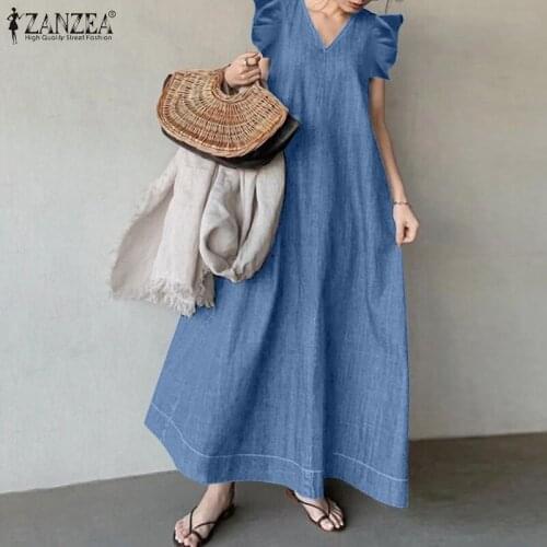 Vintage Women Denim Blue Dress 2021 Summer Ruffle Sleeveless Maxi Dresses ZANZEA Casual Solid A-line V-neck Oversized Sundress 7