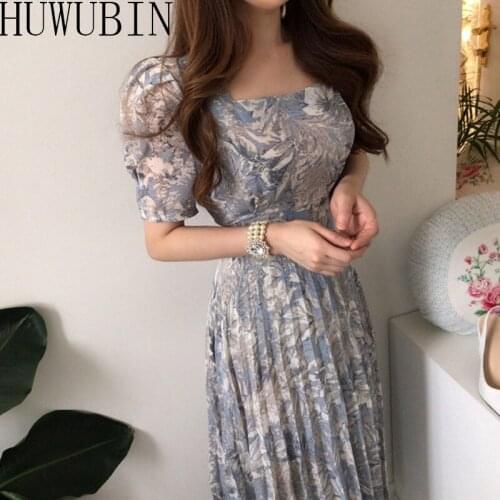 2021 Womens Summer New Pattern Korean Version Square Collar Water Color Big Flower Chiffon Pleated Long Short Sleeve Dress
