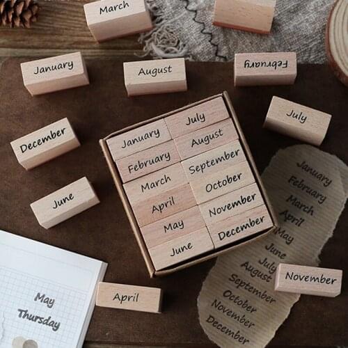12pcs/Box Month Wood Stamp For Stationery DIY Scrapbooking Rubber Card Making Album Decoroation Crafts Household Supplies