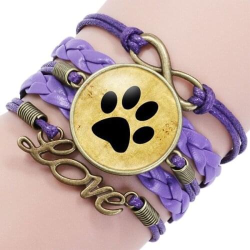6 Colors Fashion Charms Dog Footprint Pet Paws Glass Cabochon Bracelet Multilayer Braided Leather Bracelet for Pet Lovers
