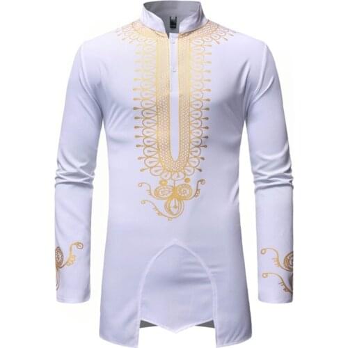 White Stand Collar African Dashiki Print Shirt Men 2020 Brand Slim Fit Long Sleeve African Clothes Men Casual African Shirts Men