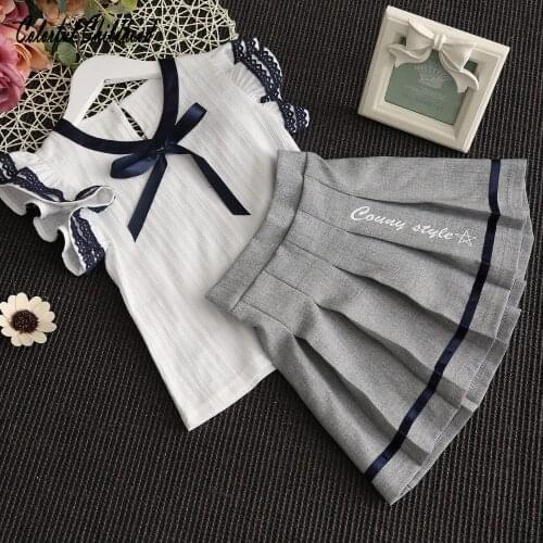 Girls Summer Child Clothes Baby Suit Kids Set Bow White Blouse+Tutu Skirt School Girls Skirts Princess Mini Pleated Skirt 2-7yrs