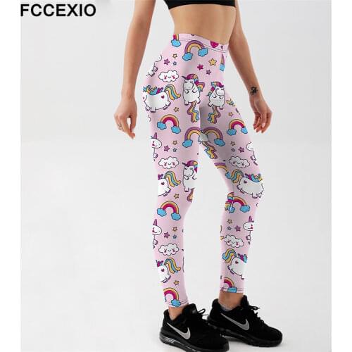 FCCEXIO Lovely Cartoon Unicorns Print Women High Waist Pants Fashion Plus Size Fitness Slim Soft Stretch Leggings Run Trousers