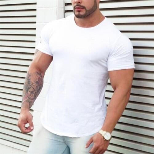 Summer Solid Short Sleeve T-shirt Men Fashion Casual Slim Elastic Cotton T Shirts Male Tops Tee Bodybuilding Fitness clothing
