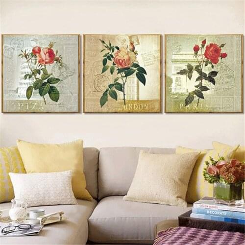 Classic Building Rose Flower Print Retro Home Decor Nordic Canvas Painting Wall Art Picture Living Room Vintage Stamp Painting