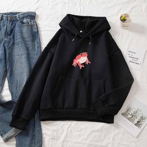 Kawaii Frog Black Sweatshirt Streetwear Hoodie Harajuku Cute Clothes for Women Pullover Long Sleeve Hood Aesthetic Clothes