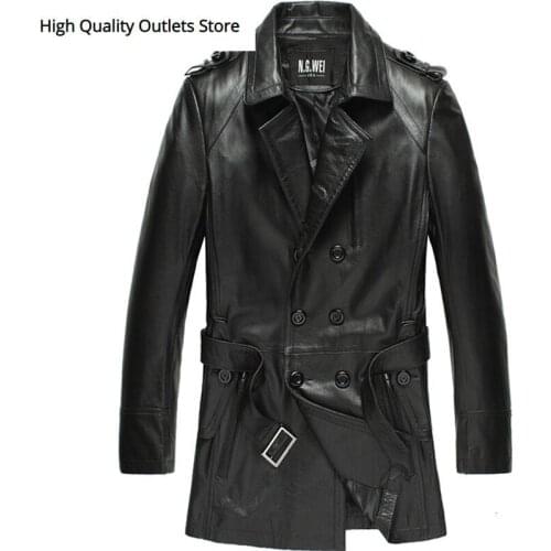 Cowhide men mid-length cow leather outerwear man thin slim genuine leather trench 12-1011