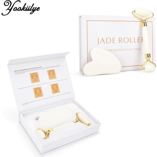 White Crystal Jade Roller Set Anti Wrinkles Face Lift Guasha Massager Facial Massage Tool Natural Stone Roller Kit Beauty Care