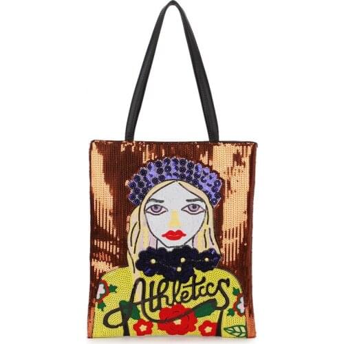 New Arrival Dazzling Sequin Embroidery Cartoon Stitching Pu Womens Large-capacity Shopping Bag Handbag Shoulder Bag Casual Tote