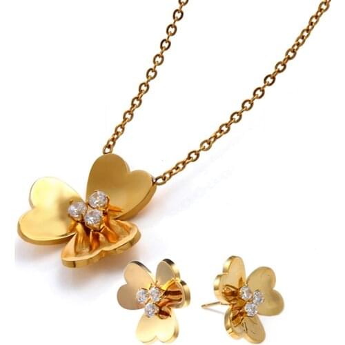 Shamrock Necklace Three Leaf Earrings Clover Lucky Jewelry Set Gold Stainless Steel 3d Flower Jewelry Petal Pendant Valentines