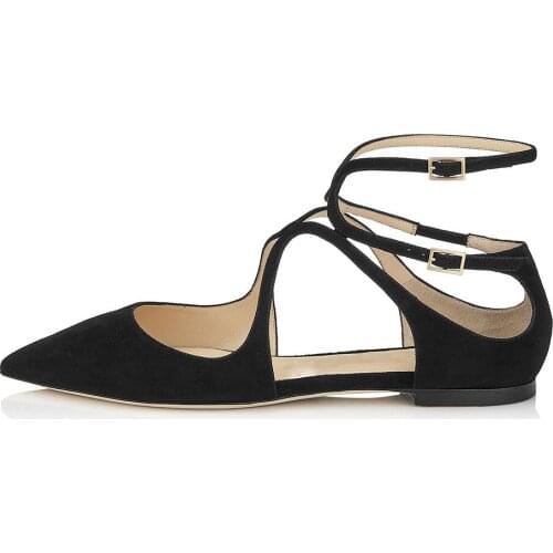 Sexy Woman Ankle Strap Buckle Cut Out Flat Shoes Cross Strap Pointed Toe Street Fashion Flat Heel Shoes Lady Summer Shoes