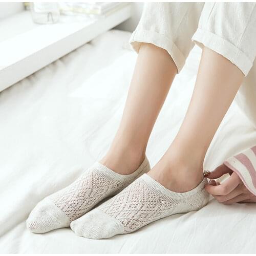 Casual Solid Womens Socks Summer Mesh Thin Breathable Ankle Socks Hollow Out Silicone Non-slip Low Cut Invisible Boat Socks