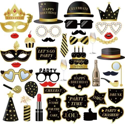 PZ149 44Pcs Black Golden Luxury Anniversary Birthday Party Decoration Party Supplies Photo Booth Props