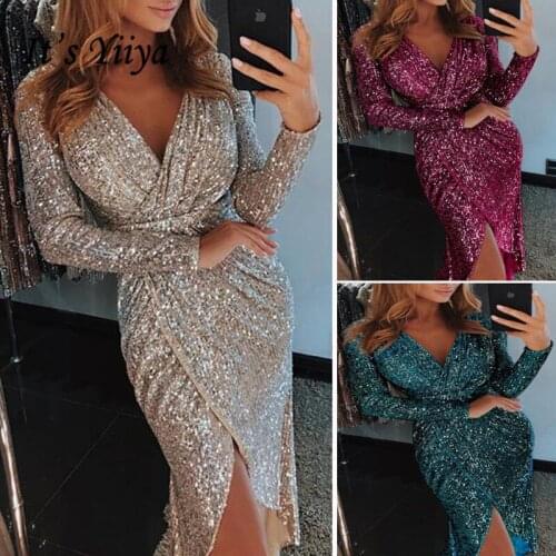 Its Yiiya Evening Dresses For Girl V Neck Sequined Shining Tea-Length Formal Evening Dress Full Sleeve Gown robe de soiree K057