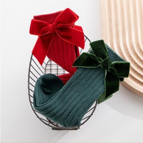 High Quality Royal Style Velvet Bowknot Knee High Socks for Toddler Girls Clothing Children Cotton Ribbed Long Socks Christmas