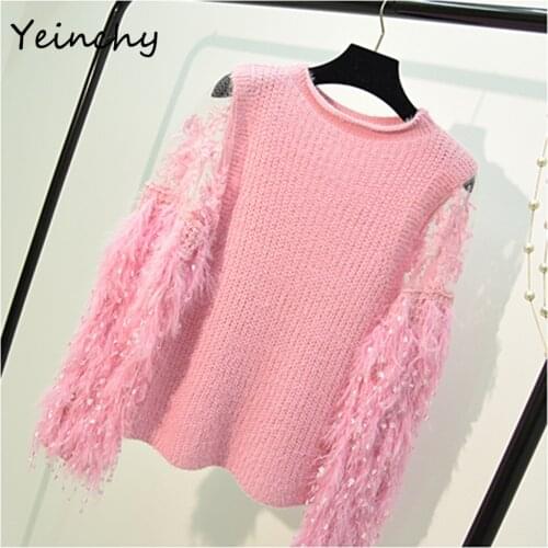 Yeinchy women fashion O neck long sleeve stretch and loose sweater ladies autumn winter tassel sweater FM6197