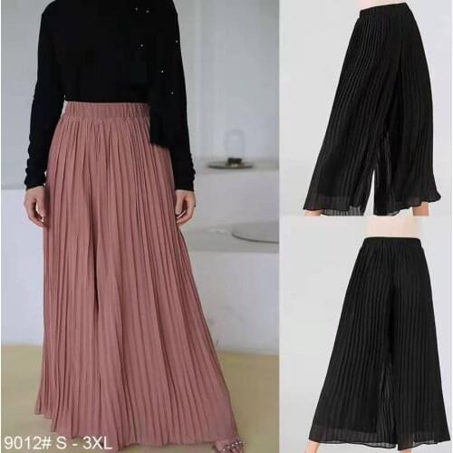 2020 Summer Loose Chiffon Muslim Pants Women High Waist Pleated Wide Leg Pants Ankle-length Solid Color Dubai Turkish Trousers