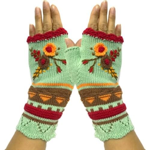Women Warm Knitting Hand Hook Jacquard Knitted Half-finger Winter Gloves High Quality Mittens Handmade Flower Embroidery Gloves