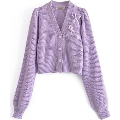 XIKOM 2021 Women High Quality Solid Color V-Neck Lantern Long Sleeve Cardigan Sweater Female Vintage Embroidery Decoration Sweat