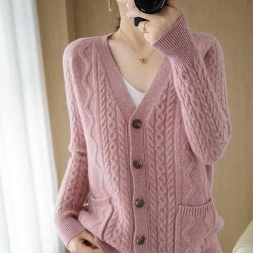 100% Pure Wool Cashmere Sweater Womens V-neck Cardigan Loose Casual Large Size Knitted Jacket Female Sweater Autumn and Winter