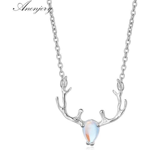 ANENJERY 925 Sterling Silver Hot Sale Christmas Jewelry Colorful Moonstone Elk Deer Necklace For Women Chain collares S-N265