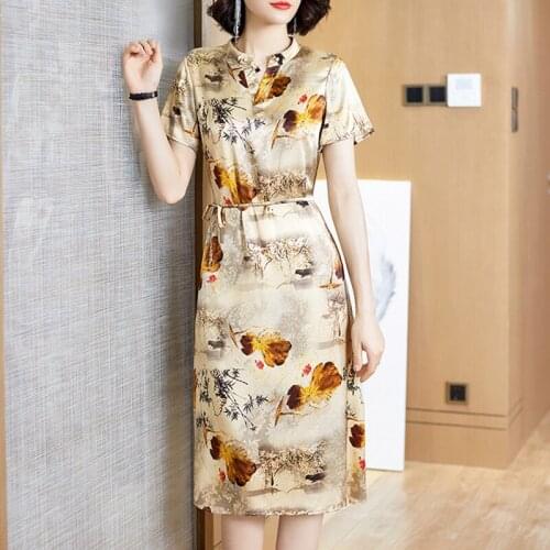 2020 Summer silk dress womens medium and long short sleeve temperament printing slim silk dress