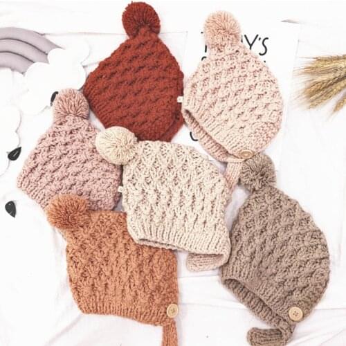 Winter Warm Baby Cap Fur Ball Pompom Beanie Cap Ear Protection Knitted Solid Hat P31B