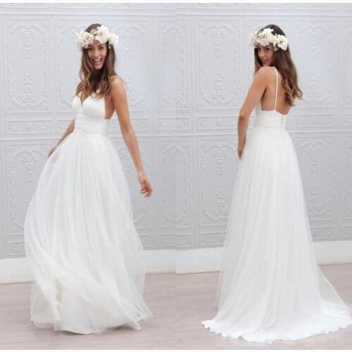 Free shipping White custommade Wedding Dresses Soft tulle Beach Bridal Gowns V-Neck Spaghetti Straps Luxury Princess Party Gowns