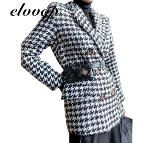 Blazer Woolen Coat Women Autumn Winter Fashion Elegant Double Breasted Plaid Thick Office Work Jacket Suit With Waist Bag LU1786