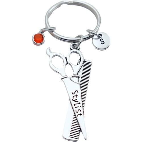 Stylist Come Scissor Barber Keychains Creative Initial Letter Monogram Birthstone Keyrings Fashion Jewelry Women Gifts Pendants