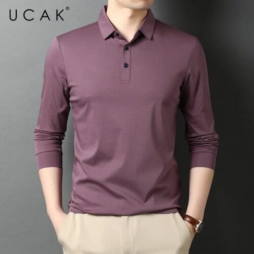 UCAK Brand Classic Turn-down Collar Pure Cotton T Shirt Men Clothes Autumn Streetwear Solid Color Long Sleeve T-Shirts U5748