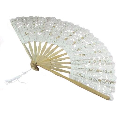 SZ Hot Handmade Cotton Lace Folding Hand Fan for Party Bridal Wedding Decoration ( Beige)