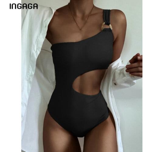 INGAGA Sexy One Piece Swimsuits One Shoulder Swimwear Women Cut Out Monokini Solid Black Bodysuits 2021 New Fashion Ring Bathers