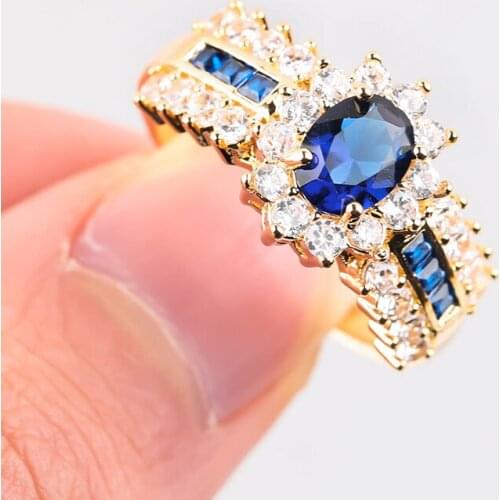 Exquisite Wedding Crystal Rings for Women Luxury Gold Color Blue Rhinestone Engagement Ring Jewelry for Girl Friend Charm Gift