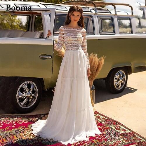 Booma Boho Lace Wedding Dresses Long Sleeves Bateau Chiffon Beach Bride Dresses Buttoned Illusion A-Line Bohemian Wedding Gowns