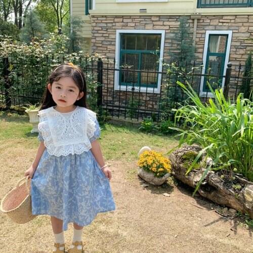 Summer New Arrival Korean Style girls dress floral matching with lace vest short sleeve princess dress for cute baby girls