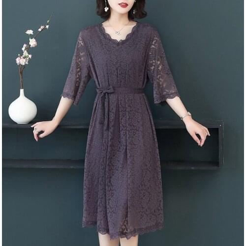Summer Women Lace Up Half Sleeve V-neck Knee-length A-line Plus Size Black Purple Lace Dress Simple Daily Wear