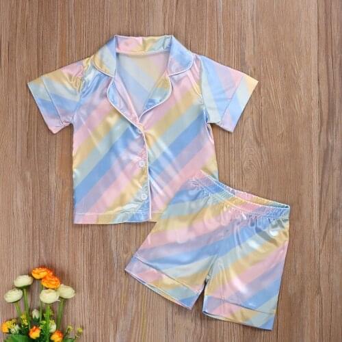 Summer/Spring Autumn 1-7Y Kids Pajama Sets Colorful Rainbow Striped Print Short/Long Sleeve Tops+Pants Sleepwear Nightwear
