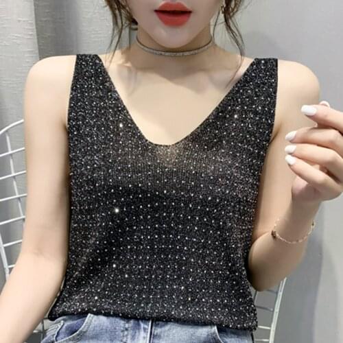 Tank Top Women Tops Women Blusas Mujer De Moda 2021 Verano V-Neck Diamond Black Knit Tank Top Summer Sleeveless Top Femme E817