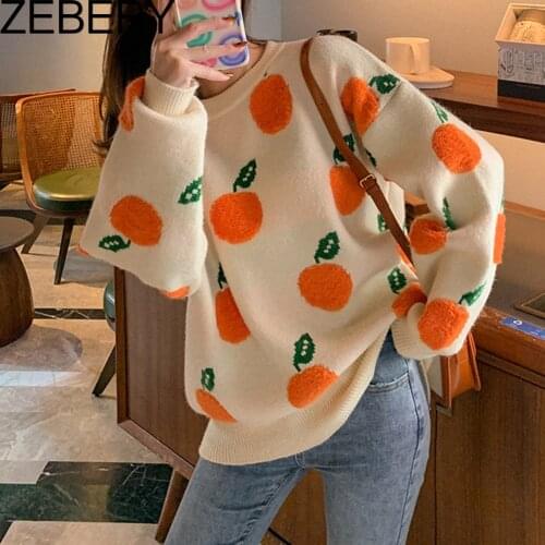 ZEBERY Korean Fashion Printed Sweaters Y2K Casual Loose Knitted Harajuku Pullovers Crewneck Long Sleeve Autumn Winter Jumpers