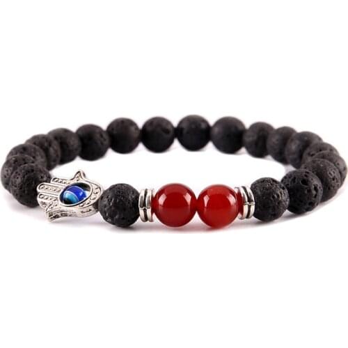 ISINYEE Fashion Turkish Evil Eye Hamsa Charm Bracelet For Women Natural Stone Lava Mala Beads Friendship Vintage Silver Jewelry