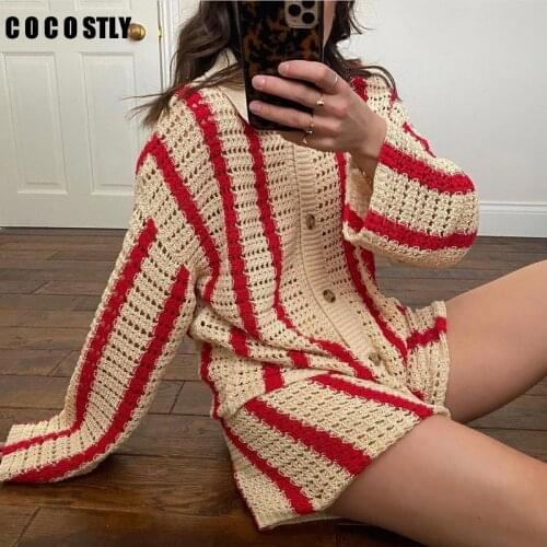 New 2021 Za Woman Pant Suits Knit Cardigans 2piece Set Stripe Loose Autumn Winter two piece set women Sweater Casual Shorts Sets
