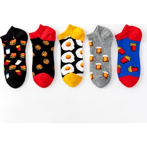 New Fried Egg Beer Milk Burger French Fries Cartoon Cotton Skate Cool Casual Summer Women Men Funny Boat Short Happy Food Socks