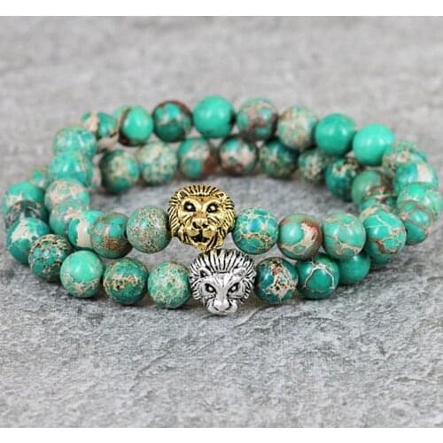 New Design High Grade Jewelry 8mm Green Sediment Stone Bead with Bronze Gold and Silver Lion Charm Bracelet