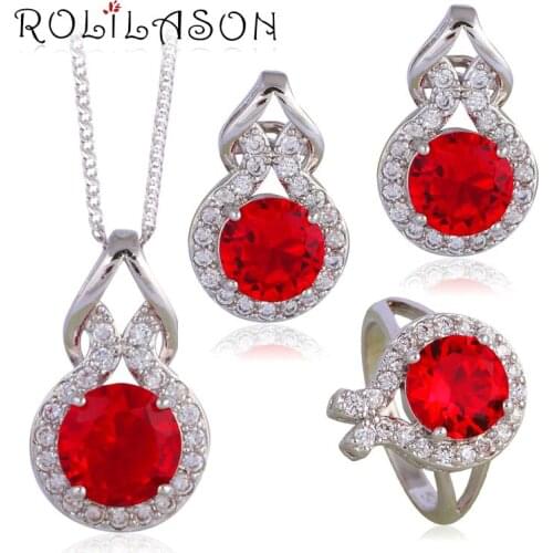 Silver plated stamped Clip Earrings Necklace Pendant rings Retro Red AAA CZ Fashion Jewelry Set for women JS629