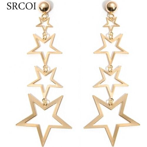 SRCOI Sexy Exaggerate Long Stars Earrings Drop Lady Fashion Gold Silver Color Geometric Metal Dangling Earrings Costume Jewelry